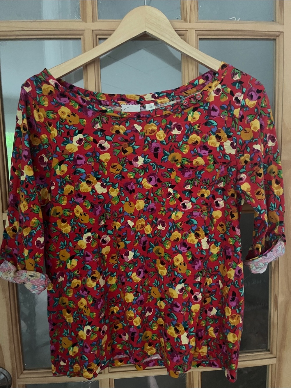 9-H15 STCL  Anthropology floral 3/4 roll up sleeve T-shirt, boat neck, cotton